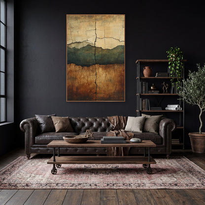 Cracked Earth Strata Abstract wall art in a moody dark academia room – abstract cracked earth art with cream, deep