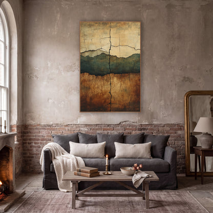 Cracked Earth Strata Abstract wall art in a moody dark academia room – abstract cracked earth art with cream, deep