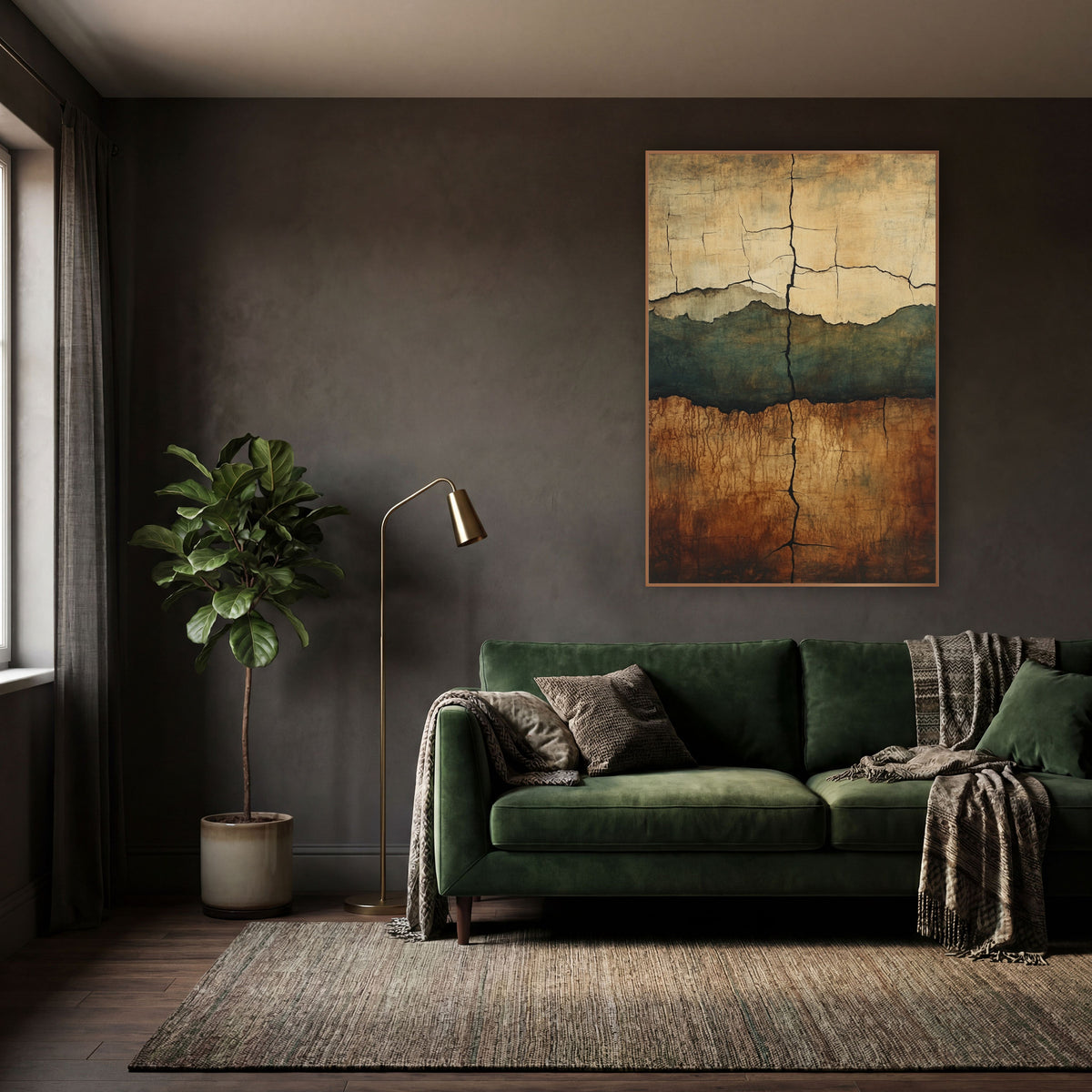 Cracked Earth Strata Abstract wall art in a moody dark academia room – abstract cracked earth art with cream, deep
