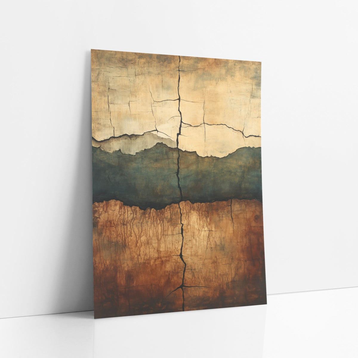 Cracked Earth Strata Abstract art print leaning against a white wall – abstract cracked earth art with cream, deep green