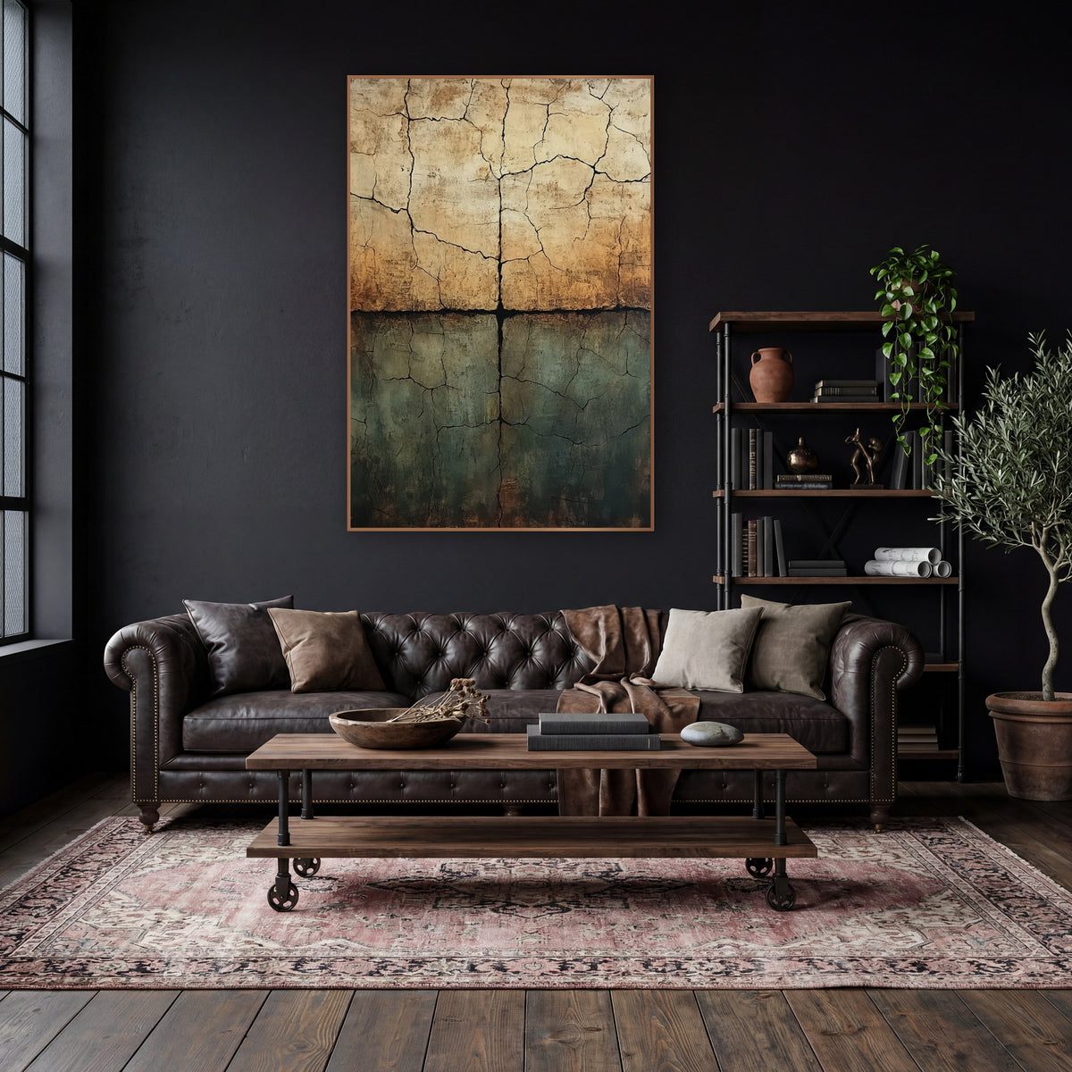 Cracked Earth Abstract Palimpsest wall art in a moody dark academia room – abstract cracked earth artwork with dark