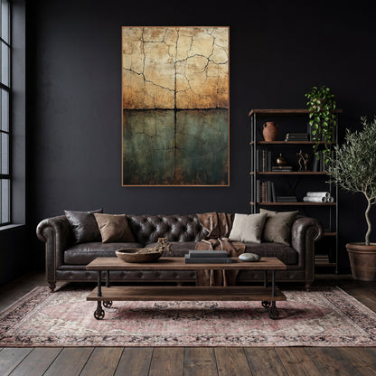 Cracked Earth Abstract Palimpsest wall art in a moody dark academia room – abstract cracked earth artwork with dark