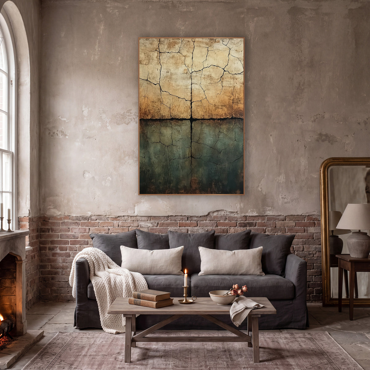 Cracked Earth Abstract Palimpsest wall art in a moody dark academia room – abstract cracked earth artwork with dark