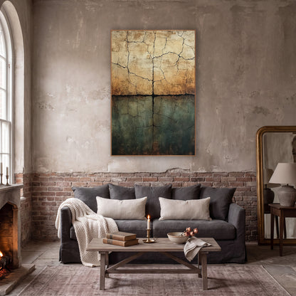 Cracked Earth Abstract Palimpsest wall art in a moody dark academia room – abstract cracked earth artwork with dark