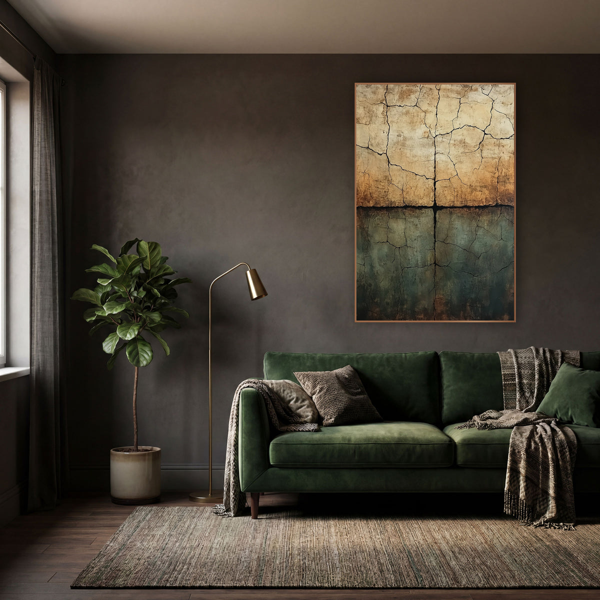 Cracked Earth Abstract Palimpsest wall art in a moody dark academia room – abstract cracked earth artwork with dark
