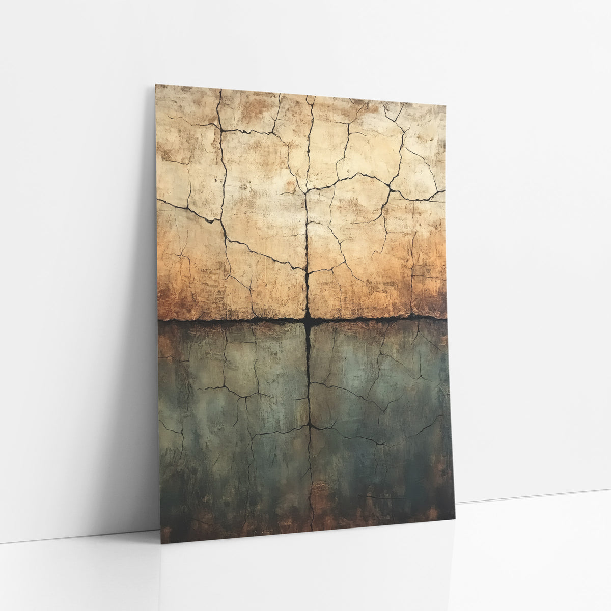 Cracked Earth Abstract Palimpsest art print leaning against a white wall – abstract cracked earth artwork with dark fissures