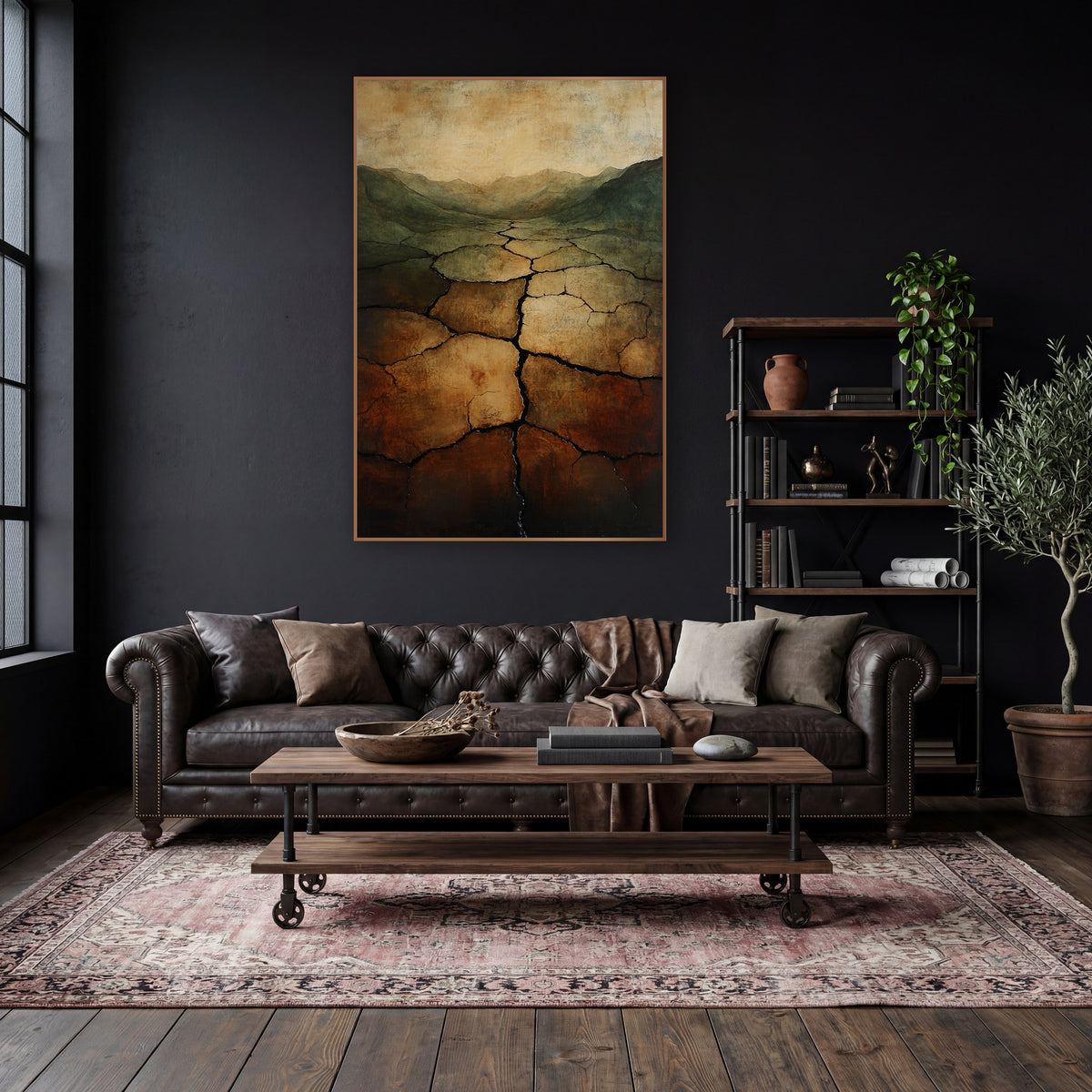 Cracked Earth Valley Abstract Landscape wall art in a moody dark academia room – abstract cracked earth valley in rust