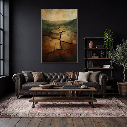 Cracked Earth Valley Abstract Landscape wall art in a moody dark academia room – abstract cracked earth valley in rust