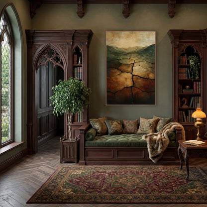 Cracked Earth Valley Abstract Landscape wall art in a moody dark academia room – abstract cracked earth valley in rust