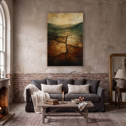 Cracked Earth Valley Abstract Landscape wall art in a moody dark academia room – abstract cracked earth valley in rust