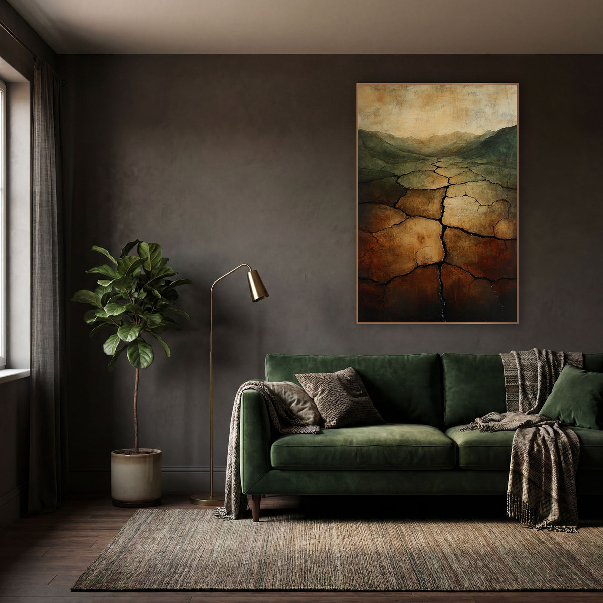 Cracked Earth Valley Abstract Landscape wall art in a moody dark academia room – abstract cracked earth valley in rust