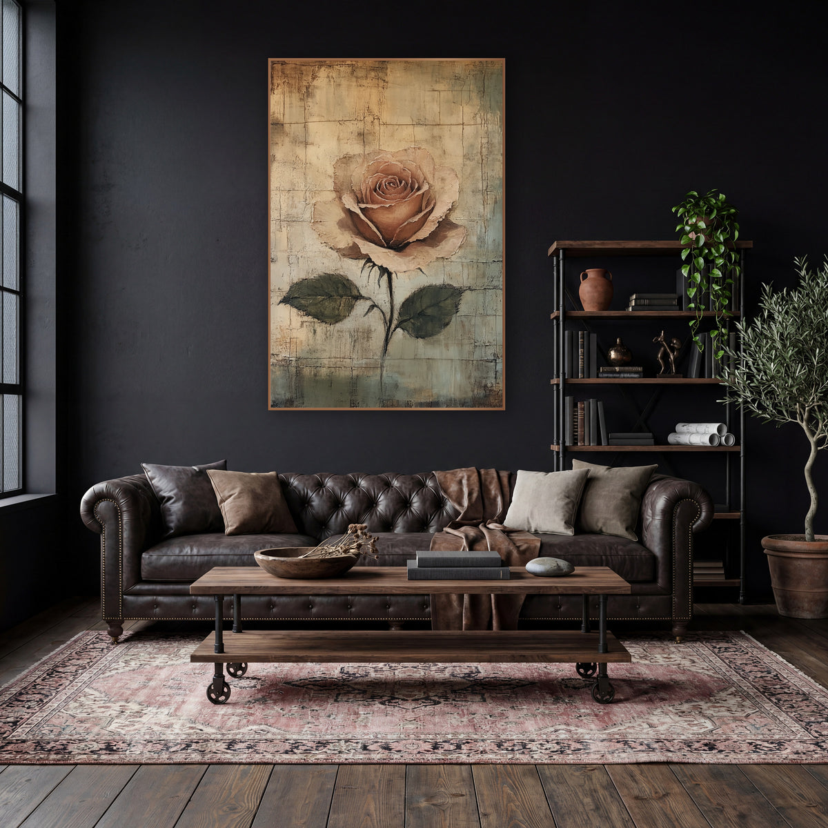 Dusty Rose Palimpsest Dark Academia wall art in a moody dark academia room – single dusty rose with olive leaves