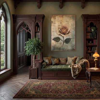 Dusty Rose Palimpsest Dark Academia wall art in a moody dark academia room – single dusty rose with olive leaves