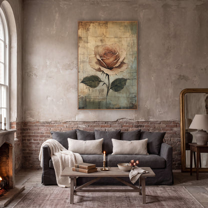 Dusty Rose Palimpsest Dark Academia wall art in a moody dark academia room – single dusty rose with olive leaves