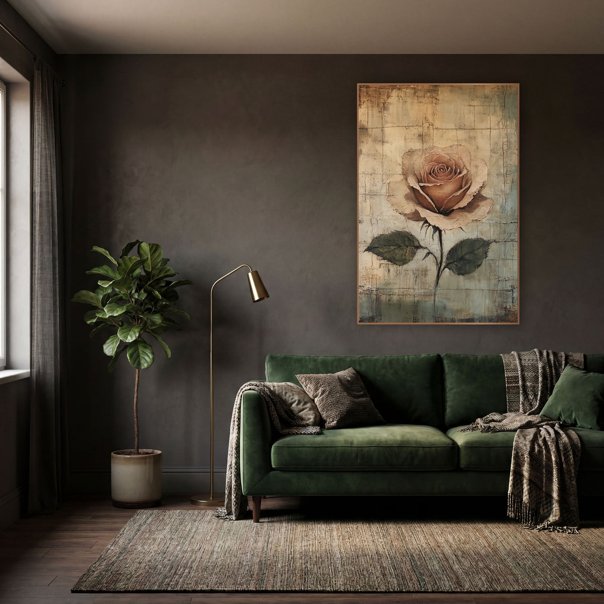 Dusty Rose Palimpsest Dark Academia wall art in a moody dark academia room – single dusty rose with olive leaves