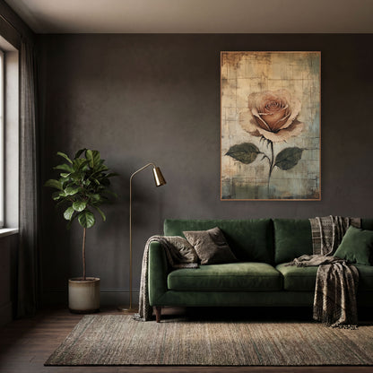 Dusty Rose Palimpsest Dark Academia wall art in a moody dark academia room – single dusty rose with olive leaves