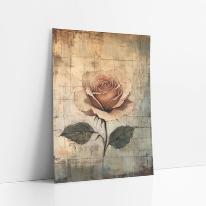 Dusty Rose Palimpsest Dark Academia art print leaning against a white wall – single dusty rose with olive leaves