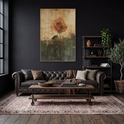 Terracotta Rose Cracked Vintage Study wall art in a moody dark academia room – single terracotta rose with thin dark
