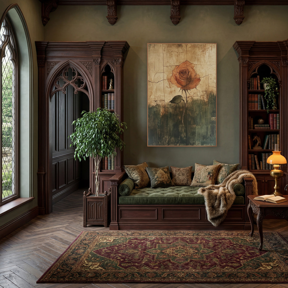 Terracotta Rose Cracked Vintage Study wall art in a moody dark academia room – single terracotta rose with thin dark