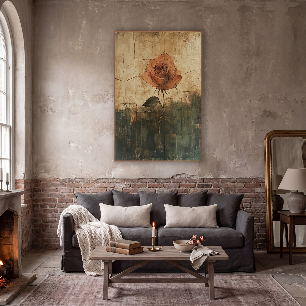 Terracotta Rose Cracked Vintage Study wall art in a moody dark academia room – single terracotta rose with thin dark