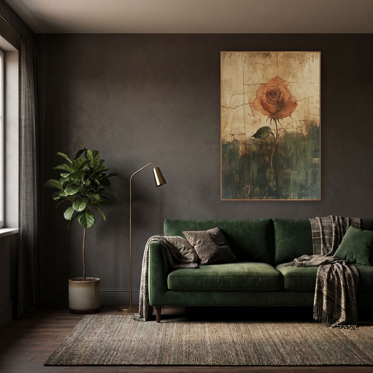 Terracotta Rose Cracked Vintage Study wall art in a moody dark academia room – single terracotta rose with thin dark