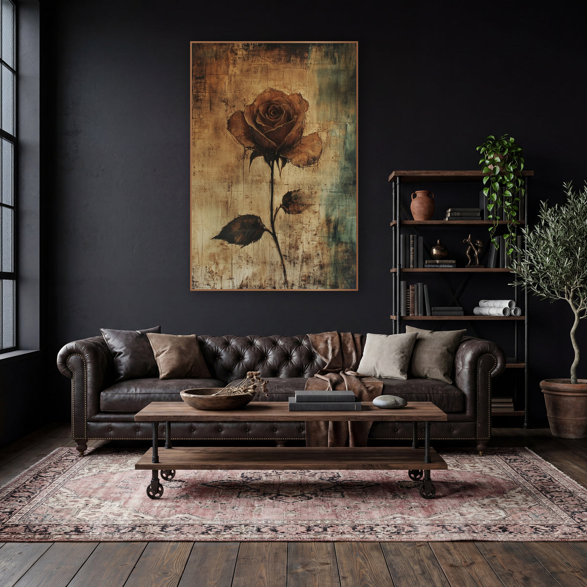 Sepia Rose Stem Dark Academia wall art in a moody dark academia room – single sepia brown rose on a long dark stem