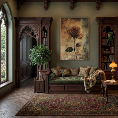 Sepia Rose Stem Dark Academia wall art in a moody dark academia room – single sepia brown rose on a long dark stem