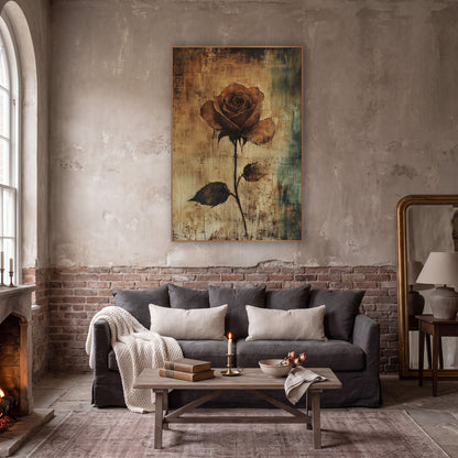 Sepia Rose Stem Dark Academia wall art in a moody dark academia room – single sepia brown rose on a long dark stem