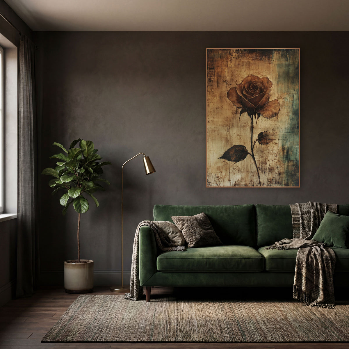Sepia Rose Stem Dark Academia wall art in a moody dark academia room – single sepia brown rose on a long dark stem