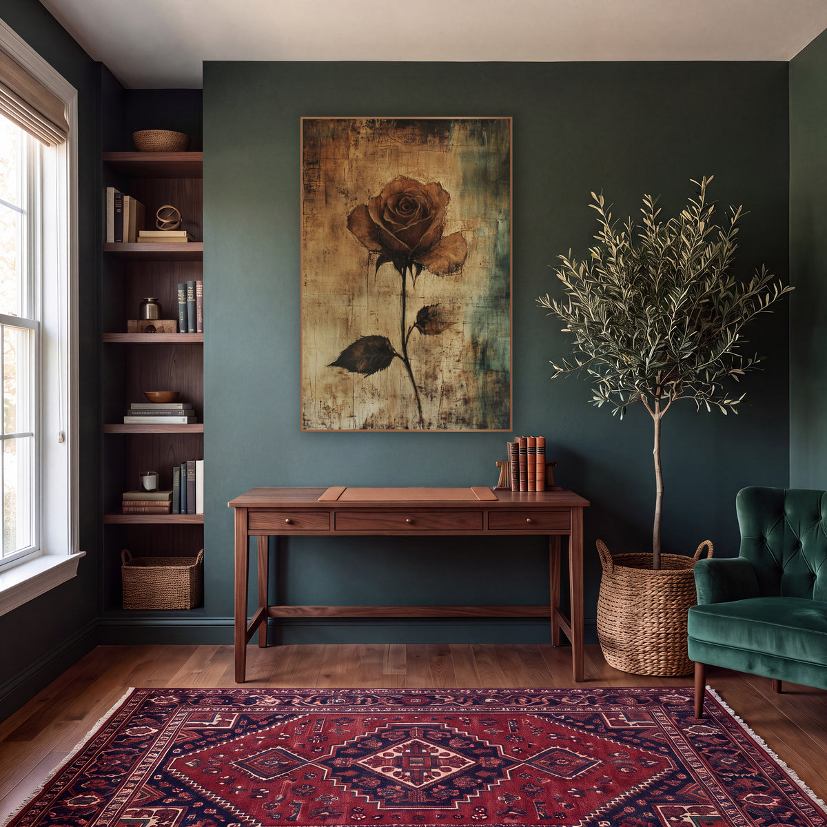 Sepia Rose Stem Dark Academia wall art in a moody dark academia room – single sepia brown rose on a long dark stem