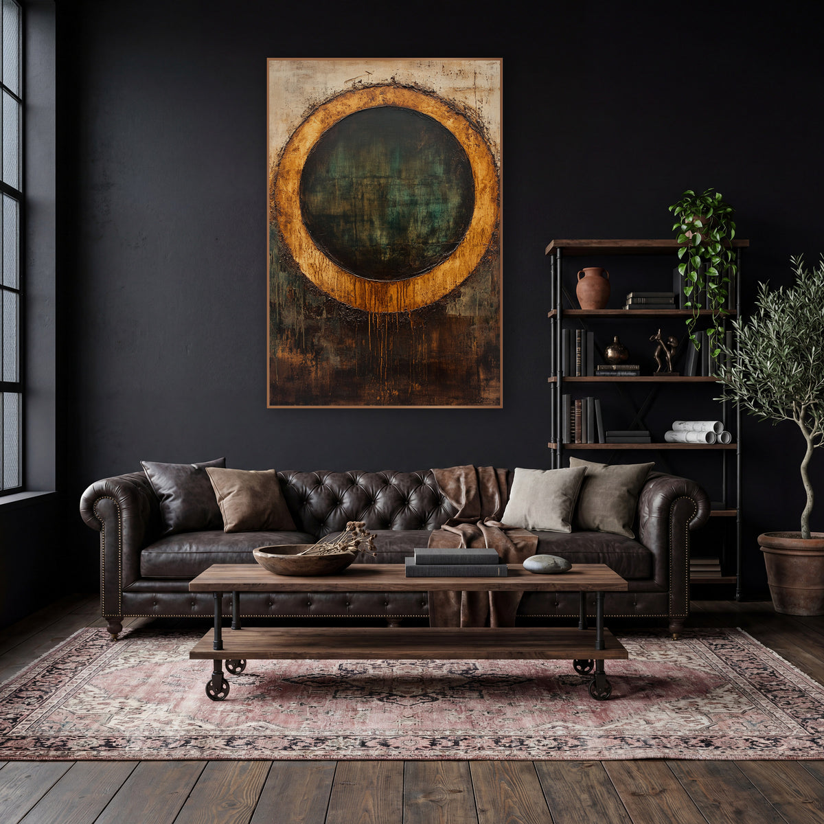 Amber Ring Abstract Dark Academia wall art in a moody dark academia room – abstract amber ring around a dark
