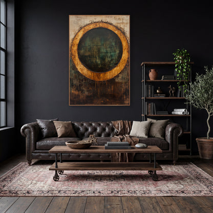 Amber Ring Abstract Dark Academia wall art in a moody dark academia room – abstract amber ring around a dark