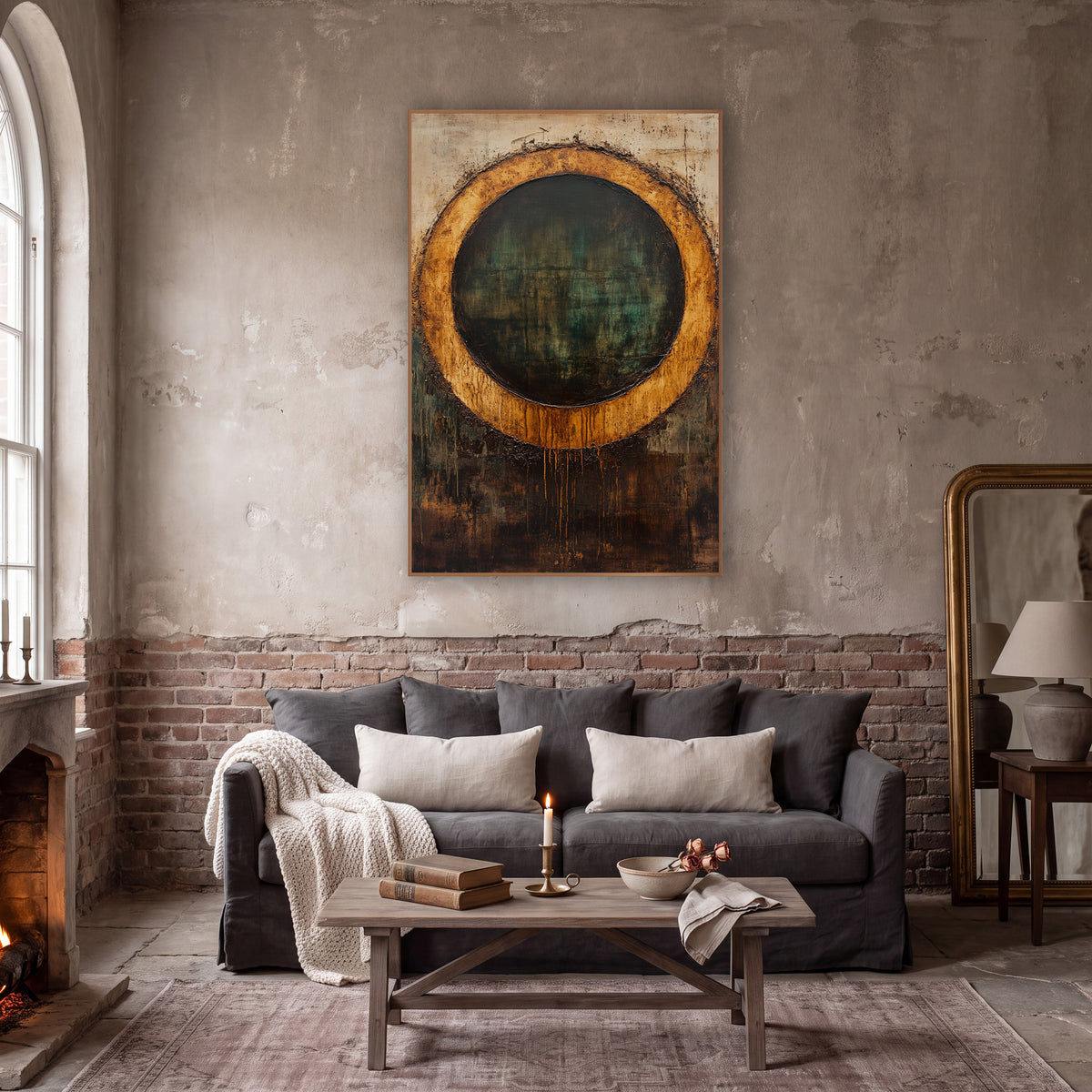 Amber Ring Abstract Dark Academia wall art in a moody dark academia room – abstract amber ring around a dark