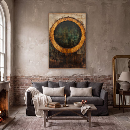 Amber Ring Abstract Dark Academia wall art in a moody dark academia room – abstract amber ring around a dark