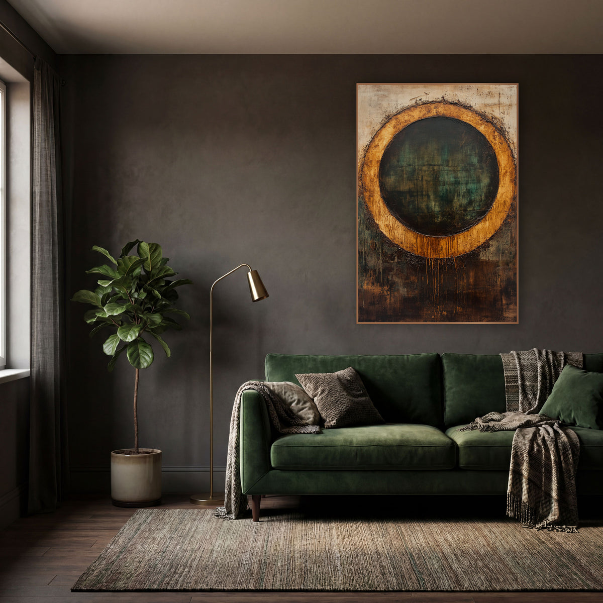 Amber Ring Abstract Dark Academia wall art in a moody dark academia room – abstract amber ring around a dark