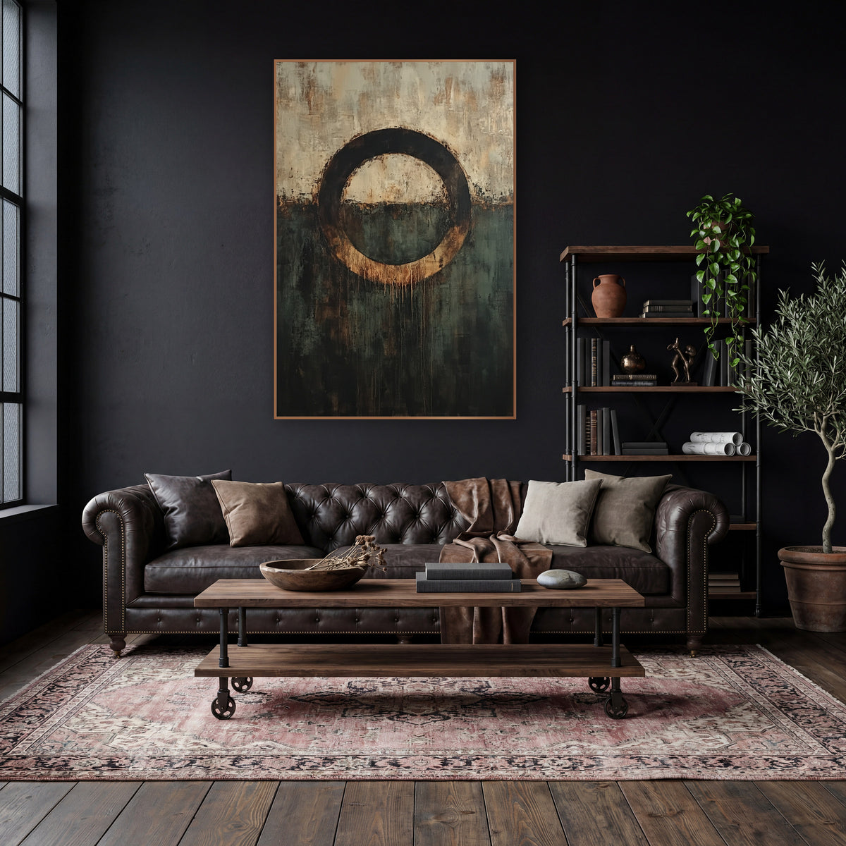 Tea Stained Circle Abstract Study wall art in a moody dark academia room – abstract artwork of a dark ring with amber