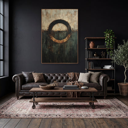 Tea Stained Circle Abstract Study wall art in a moody dark academia room – abstract artwork of a dark ring with amber