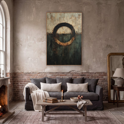 Tea Stained Circle Abstract Study wall art in a moody dark academia room – abstract artwork of a dark ring with amber