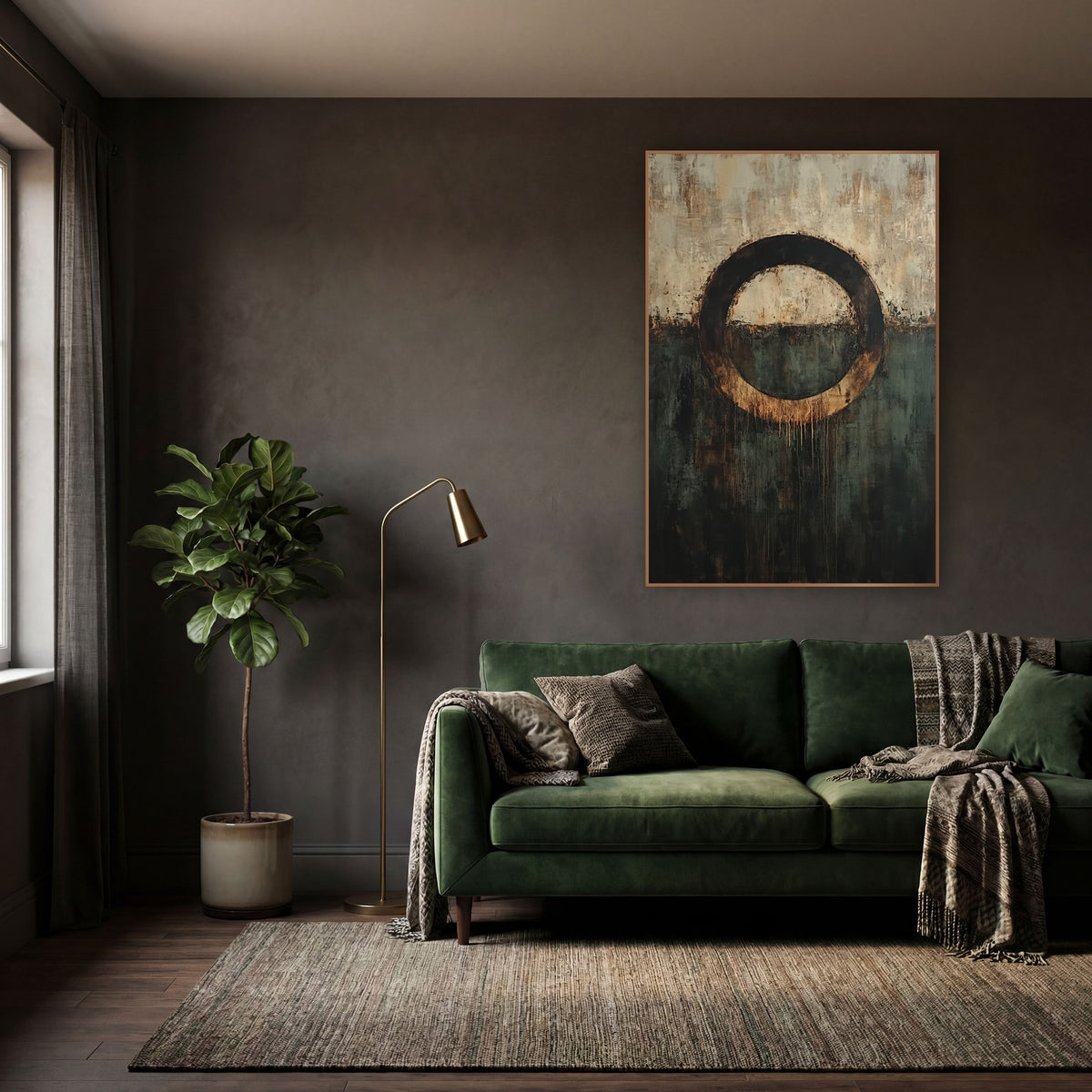 Tea Stained Circle Abstract Study wall art in a moody dark academia room – abstract artwork of a dark ring with amber