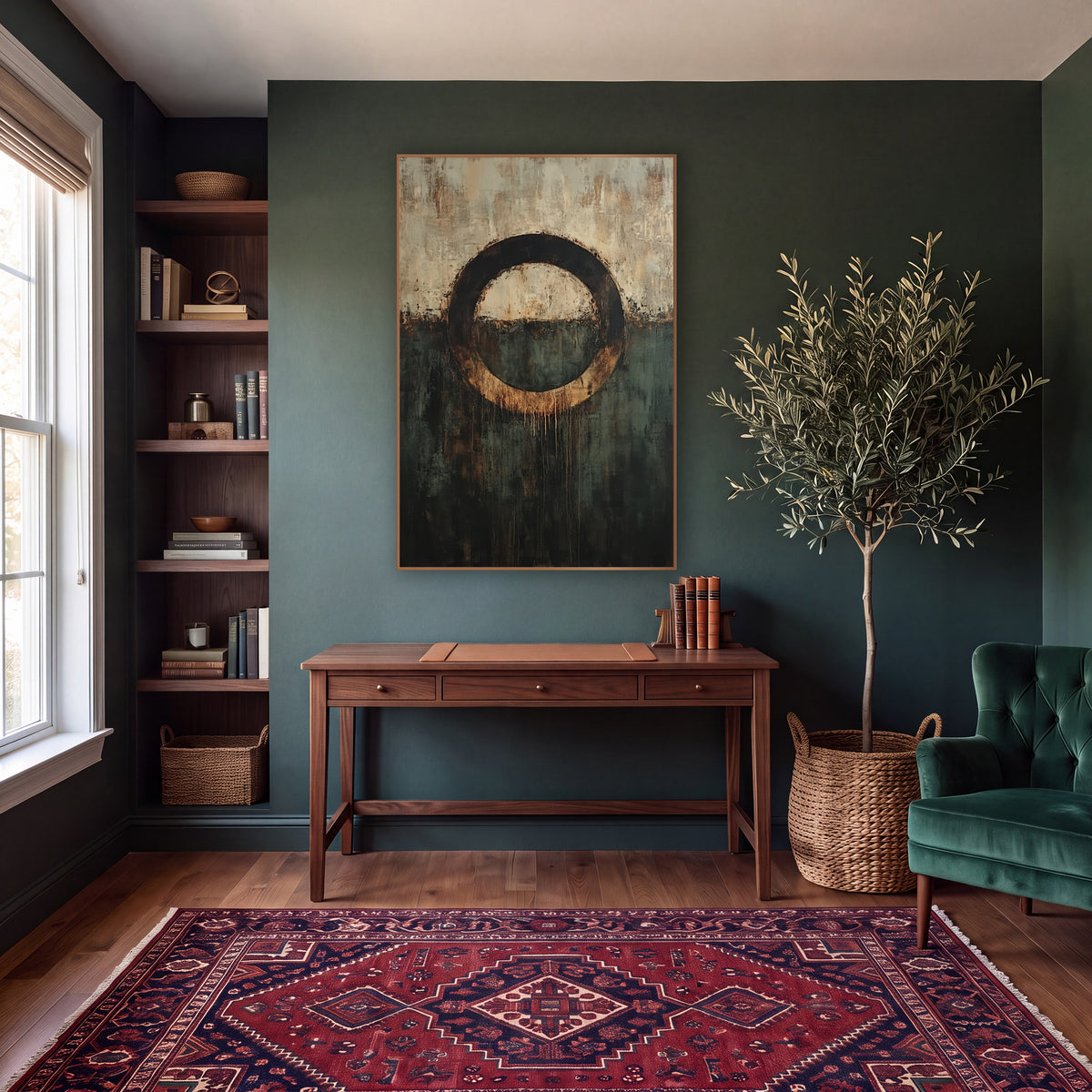 Tea Stained Circle Abstract Study wall art in a moody dark academia room – abstract artwork of a dark ring with amber