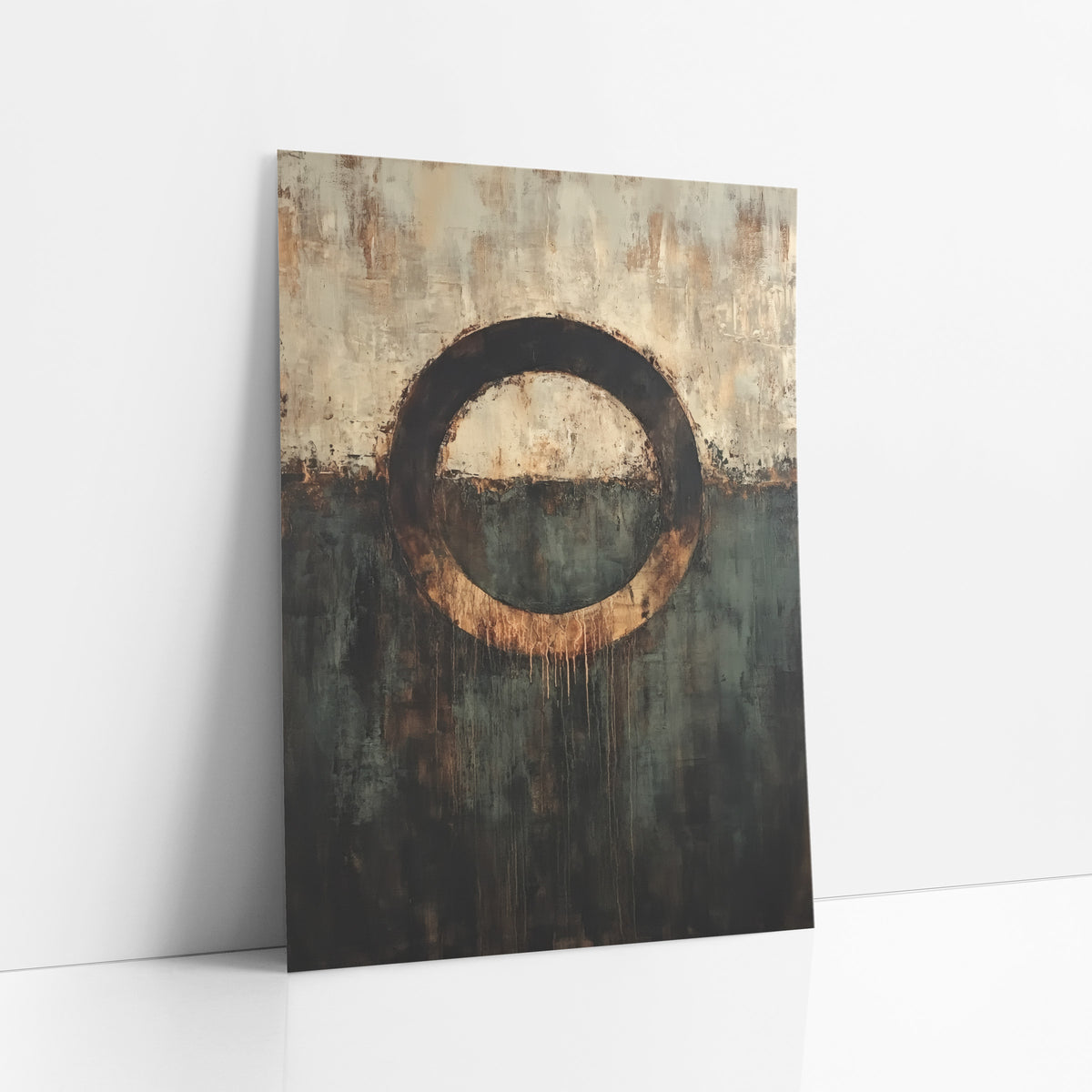 Tea Stained Circle Abstract Study art print leaning against a white wall – abstract artwork of a dark ring with amber drips