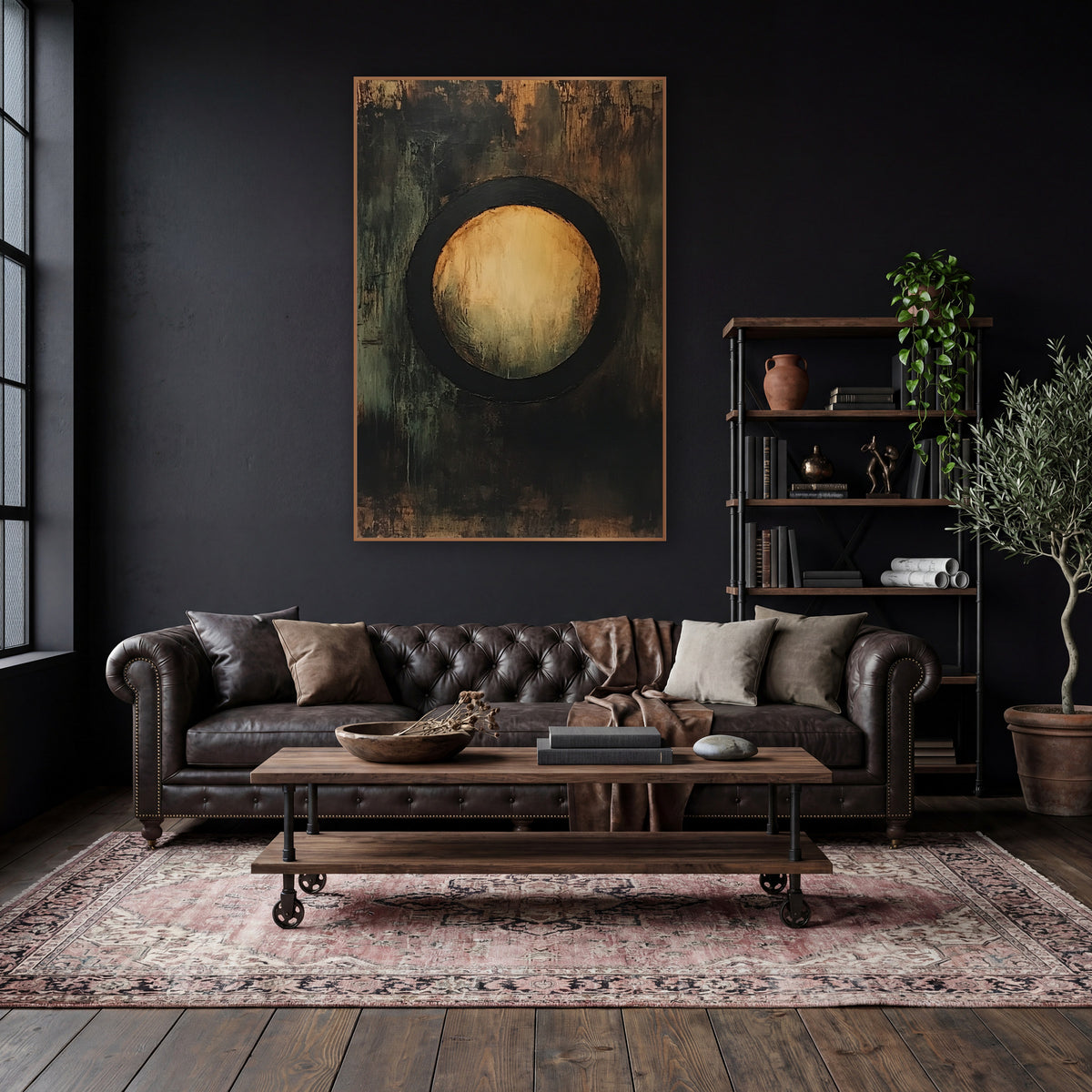 Amber Circle Abstract Dark Academia wall art in a moody dark academia room – abstract artwork of a glowing amber