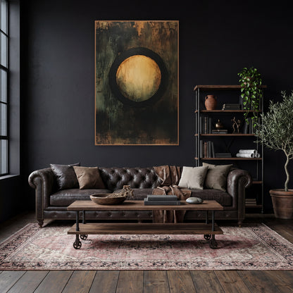 Amber Circle Abstract Dark Academia wall art in a moody dark academia room – abstract artwork of a glowing amber