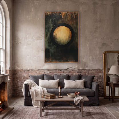 Amber Circle Abstract Dark Academia wall art in a moody dark academia room – abstract artwork of a glowing amber