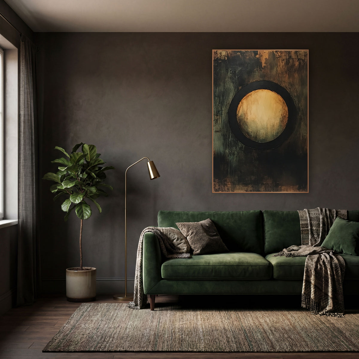 Amber Circle Abstract Dark Academia wall art in a moody dark academia room – abstract artwork of a glowing amber