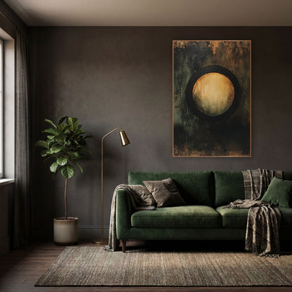 Amber Circle Abstract Dark Academia wall art in a moody dark academia room – abstract artwork of a glowing amber