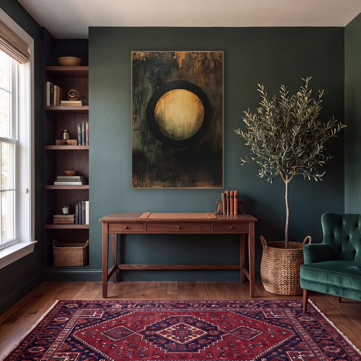 Amber Circle Abstract Dark Academia wall art in a moody dark academia room – abstract artwork of a glowing amber