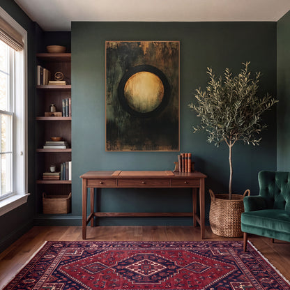 Amber Circle Abstract Dark Academia wall art in a moody dark academia room – abstract artwork of a glowing amber