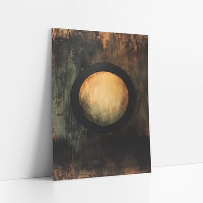 Amber Circle Abstract Dark Academia art print leaning against a white wall – abstract artwork of a glowing amber circle