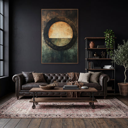 Amber Circle Horizon Abstract wall art in a moody dark academia room – abstract artwork of an amber and cream circle